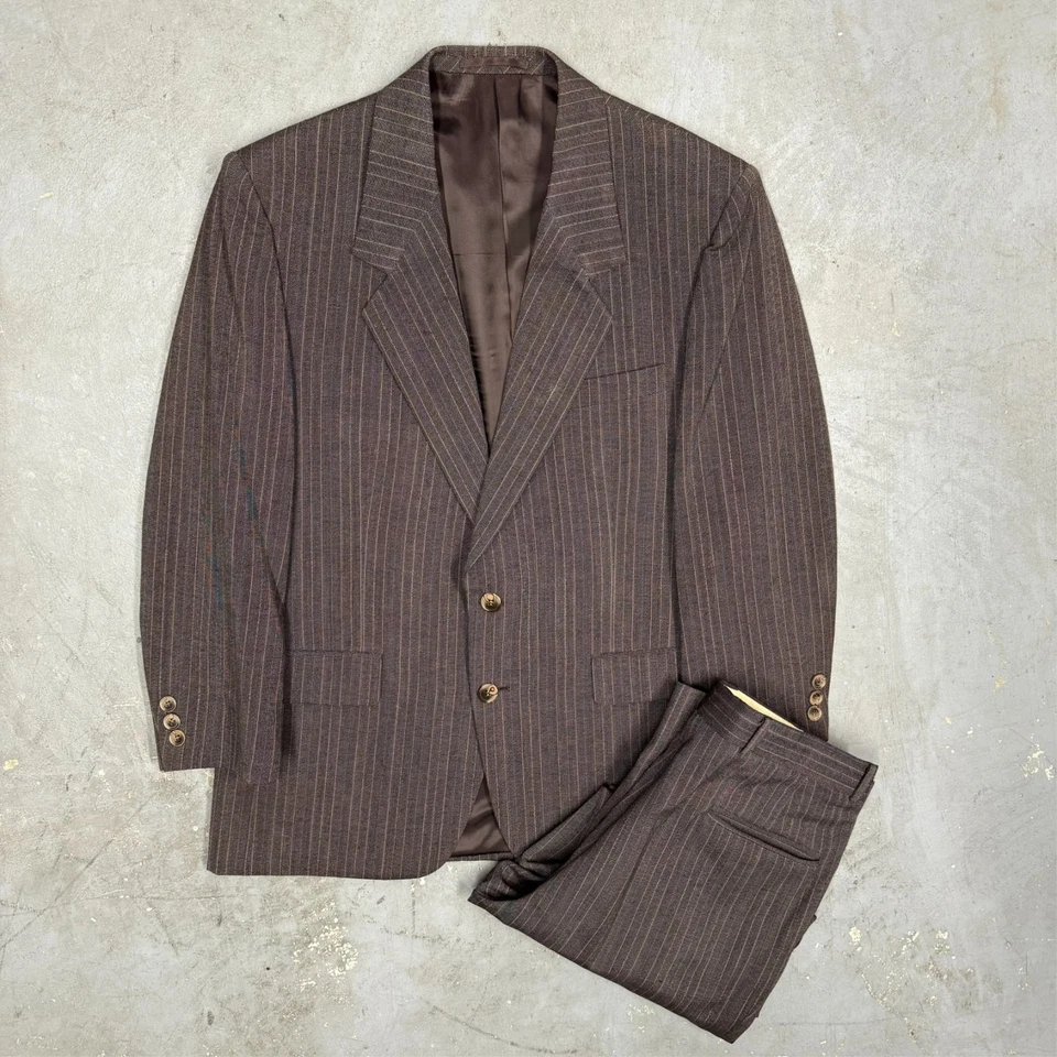 Vintage Oakton Suit 2pc Striped Wool Brown 40 S  32x27 - Image 2 of 4