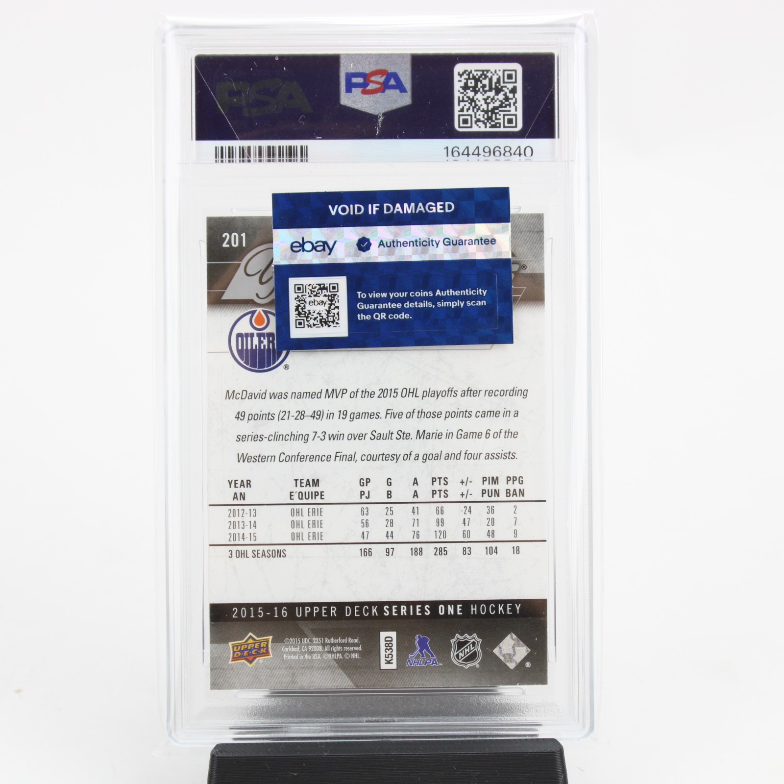 2015-16 Upper Deck Connor McDavid Rookie Young Guns #201 PSA 8 NM-MT view 2