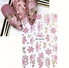 Goldene & pinkfarbene Hibiskusbl&uuml;ten 3D Nagelsticker - Farbverlauf Selbstklebend