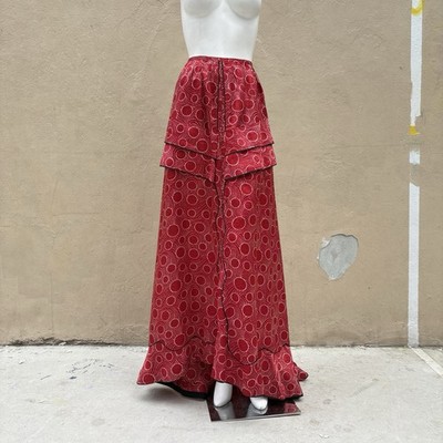 Antique Edwardian Small Red Silk Circle Print Long Skirt w Train Bold Color