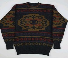 Vintage 80s Expressions Wool Blend Multicolor Abstract Pattern Knit Sweater USA