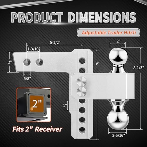 2-Inch Receiver Adjustable Trailer Hitch - Heavy Duty Tow Hook with 6-Inch Drop