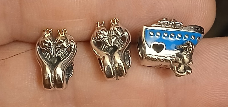 (2) 14K GOLD/.925 SILVER CHARMS W/.925 SILVER PANDORA LOVE BOAT, 6.67 GRAMS