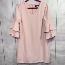 Tahari Blush Pink Shift Dress Womens 8 Bell Sleeve V-Neck Career Cocktail