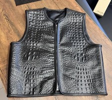Men's Black Cowhide Leather Biker Vest Embossed Conceal Carry Black Inner lining