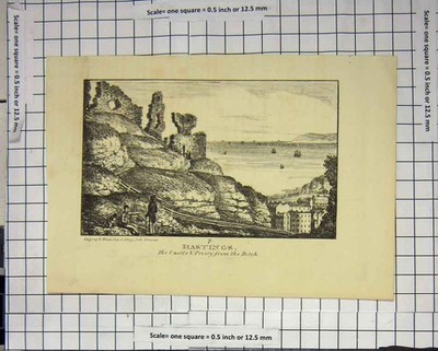 Original Old Antique Print Hastings Castle Priory Ocean Buildings