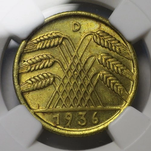 Germany Weimar Republic 1936 D 10 Reichspfennig, KM# 40, NGC MS 64