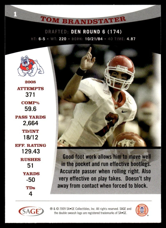 2009 SAGE Tom Brandstater Fresno State Bulldogs #1 - Image 2 of 2