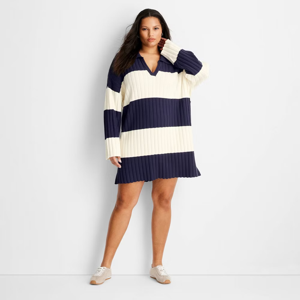 Women's Long Sleeve Rugby Mini Sweater Dress - Future Collective Navy Blue Striped S Women's Long Sleeve Rugby Mini Sweater Dress - Future Collective Navy Blue Striped S
