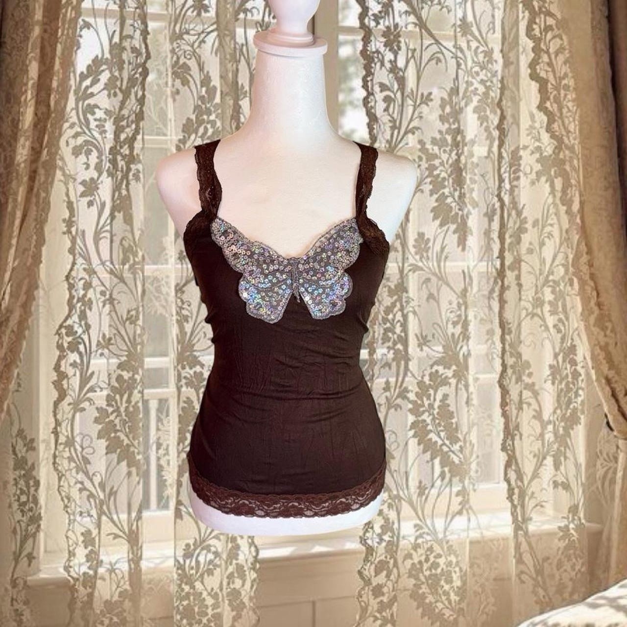 Vintage Y2K Deadstock Brown Fairycore Whimsygoth Lacey Top with Sequin Butterfly
