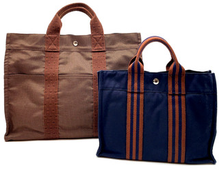 Hermes Fourre Tout PM Navy Handbag/Herline MM Brown Canvas Tote Bag 2pcs i050925