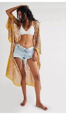 Free People Kimono Magic Dance Border Print Mellow Yellow One Size Floral Pink