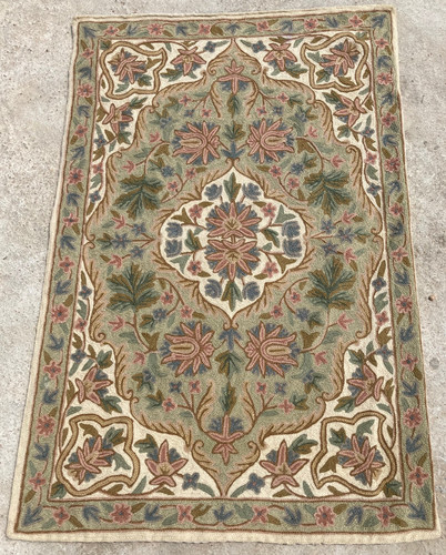 Vintage Artisan Made Hand Woven Crewel Work Kashmiri Floral Rug Carpet 90x60 cm