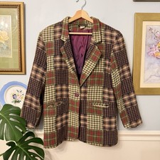 Vintage 90s Patchwork Blazer Womens Size Medium Academia Boho Quirky Artsy Plaid