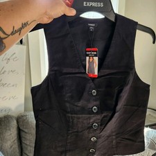 Express Linen Vest Womens Size XS Black Button Front V-Neck Classic Look NWT