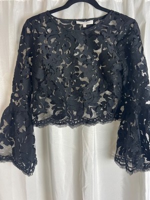 ALEXIS black lace bell sleeve crop top Vito sheer size medium
