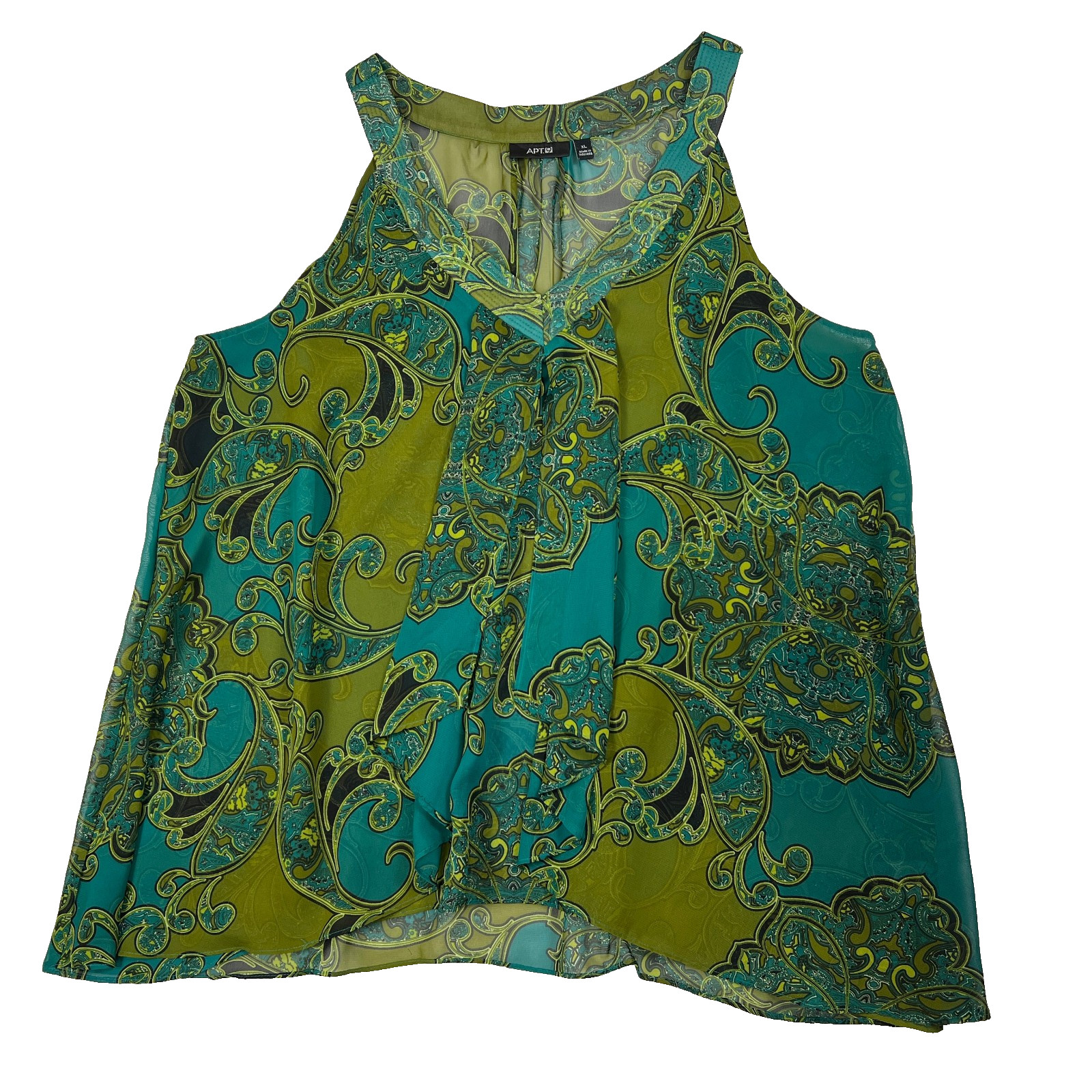 Apt.9 Sheer Flowy Blue Green Paisley V-Neck Tank Top Blouse Womens XL Hi-Lo Hem