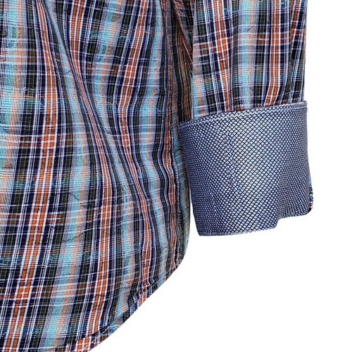 BUGATCHI UOMO Shaped Fit Flip Cuff Red Blue Plaid Cotton Button Shirt Men Medium - Picture 3 of 3