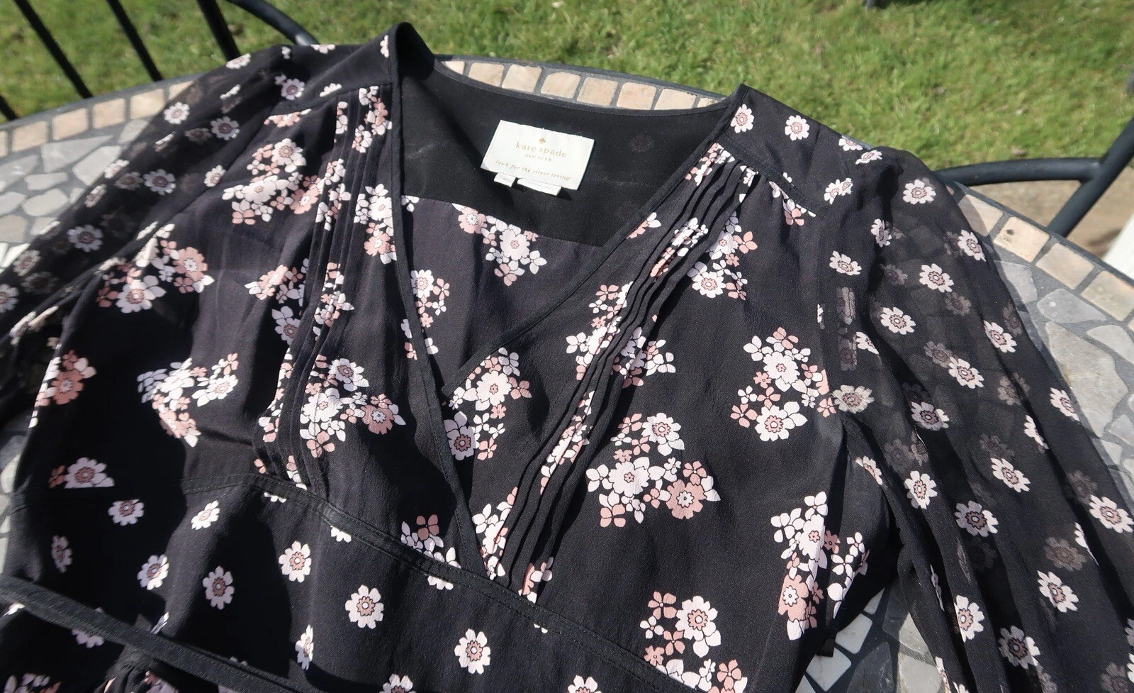 Abito Kate Spade 2 100% seta nero floreale manica trasparente