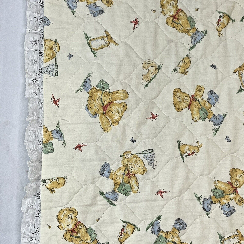 Baby Blanket Quilt Rambling Ted Bear Teddy Cub 43x34 Handmade Lace Vintage eBay