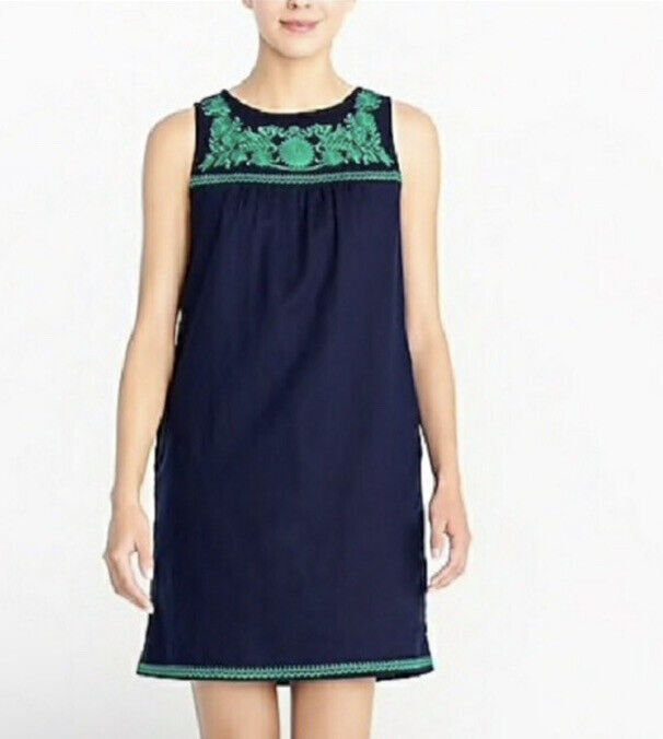 J Crew Navy Blue Green Floral Embroidered Linen Blend Shift Dress Size XS Boho J Crew Navy Blue Green Floral Embroidered Linen Blend Shift Dress Size XS Boho