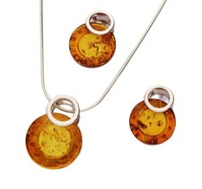 Echtes 925 Silber SCHMUCKSET mit Bernstein-Cognac, ANHÄNGER + Ohrstecker, AMBER