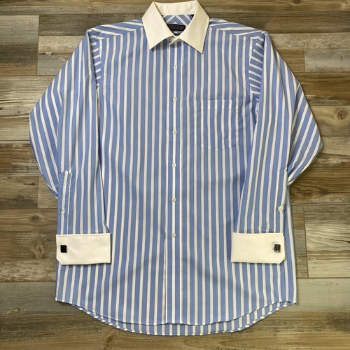 Donald J Trump Dress Shirt Blue 15.5 32/33 Collection Striped French Cuff