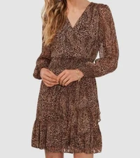 Msk Women's Brown Animal-Print Smocked Ruffle Dress Petite Size PL