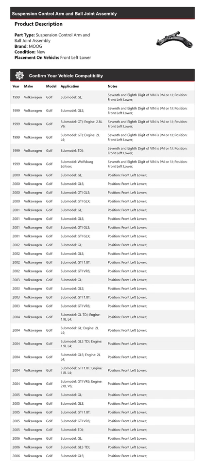 Brazo de control delantero izquierdo inferior MOOG 1999 2000 2001 para Volkswagen Golf 1999-2006 Foto 2 de 3