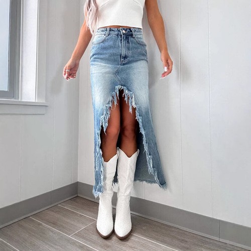 Women Casual Long Washed Denim Skirts Pockets High Waist Irregular Fringed Dress - Picture 6 of 12
