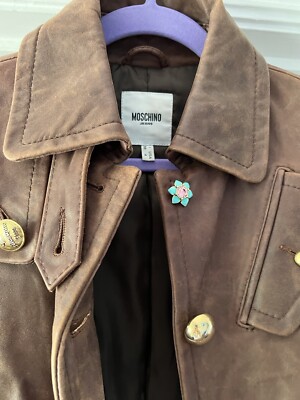Super Rare Moschino 90s Vintage Brown Leather Jacket logo button