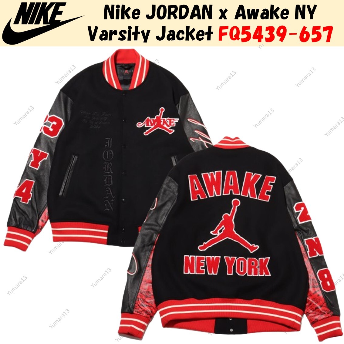 Nike JORDAN x Awake NY Varsity Jacket Red Black FQ5439-657 Nike JORDAN x Awake NY Varsity Jacket Red Black FQ5439-657