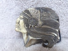 VINTAGE Brass Belt Buckle Native American Chief Head Feather HEADDRESS 3.25"