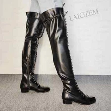 Women Boots Over Knee Round Toe Side Zip Low Heels Patchwork Thigh High Shoes Wo