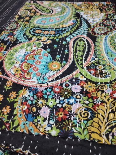 Indian BLACK Paisley Bedspread Kantha Quilt Cotton Twin Black Bedding Throw - Picture 4 of 9