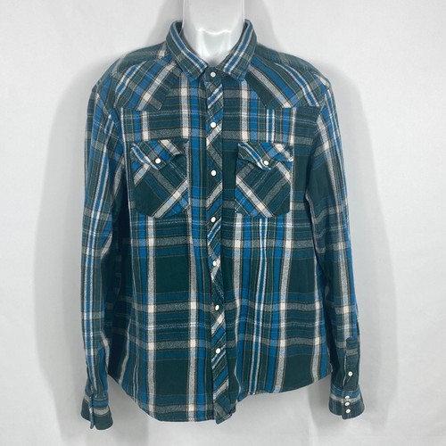 Salt Valley Men’s Western Flannel Shirt Pearl Snap Plaid Size XL Blue Green - Bild 4 von 11