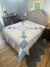 Quilt Vintage BeautifulHand-Stitched No Machine Blue White Never Used 96x100