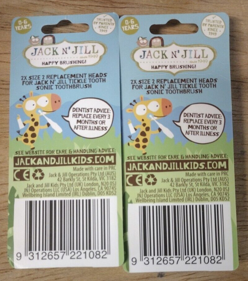 Jack N' Jill Replacement Heads Sonic Toothbrush Tickle Tooth 2 Pack Lot of 2