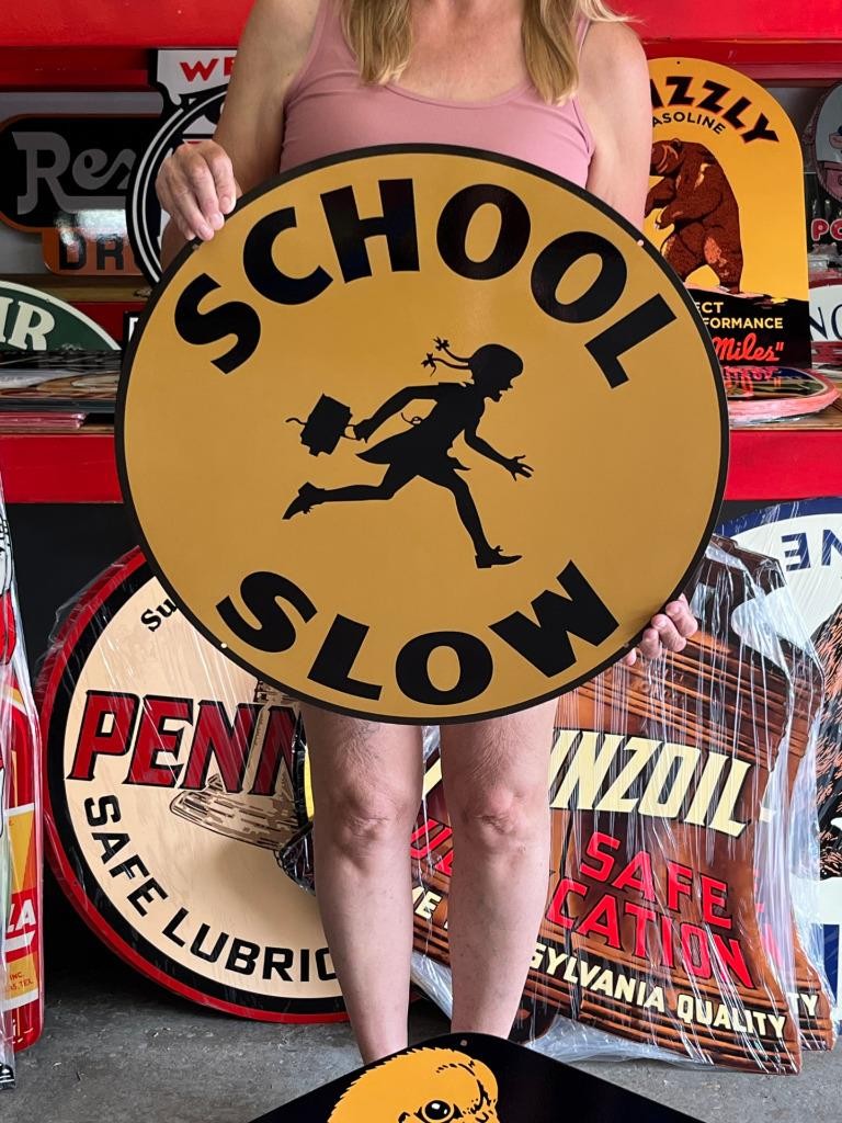 Vintage Old Style Sign School Zone Slow NOT Porcelain Made in USA