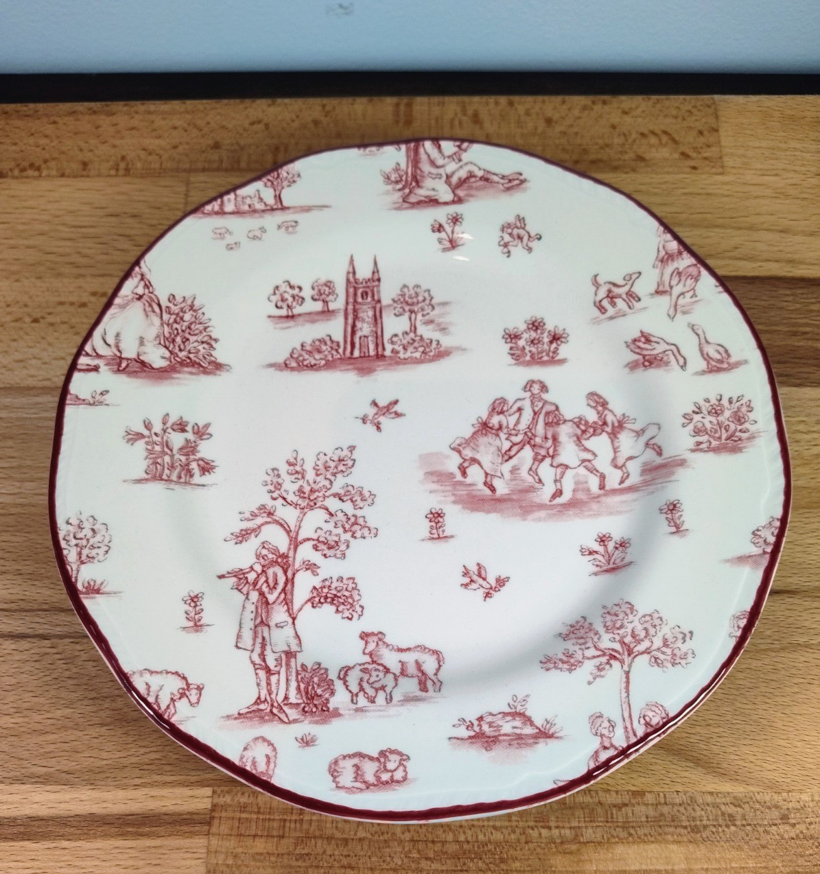 4 Wood & Sons Toille De Joile Scene Pink 7 3/4” Salad Plates England Red EUC Set