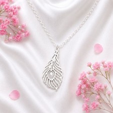Silver Peacock Feather Pendant Boho Nature Necklace Bird Inspired Jewellery Gift