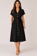 Quince 100% European Linen Button Front Midi Dress Black Belted Size M NWT