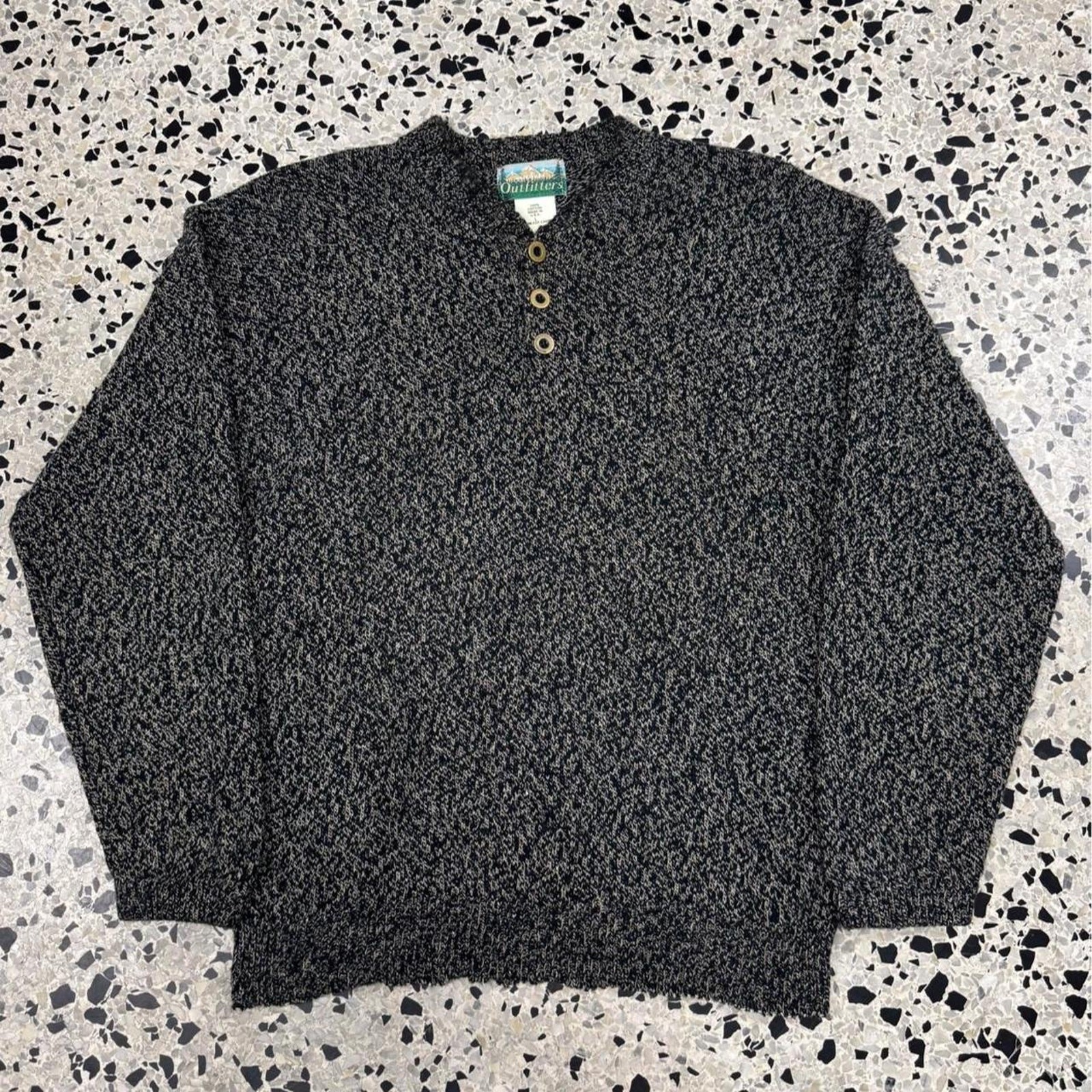 VINTAGE 80S 90S OUTFITTERS MADE IN USA HENLEY STYLE SWEATER with black, gray, and cream textured knit.