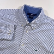 Tommy Hilfiger Mens XL Blue White Striped Cotton Oxford Button Down Shirt Logo
