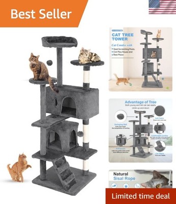 54'' Cat Tree Tower | Light Gray | Multi-Level Indoor Activity Center with Sis...