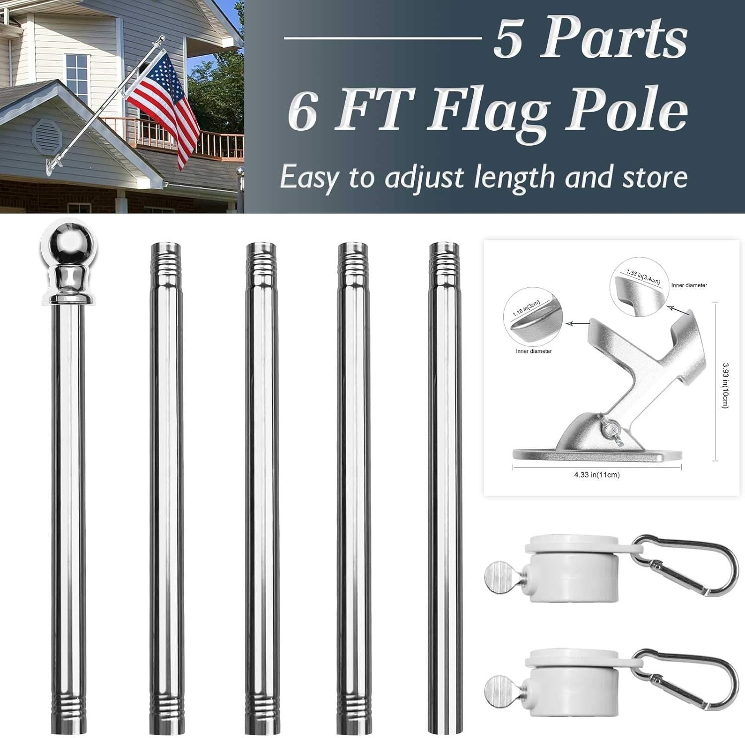 Flag Pole Kit 6 FT,Flag Pole with Bracket,Heavy Stainless Steel Garden Flagpo...