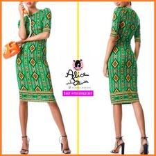 Alice + Olivia Delora Green Multi Fitted Boho Printed Midi Ikat Dress SIZE 6