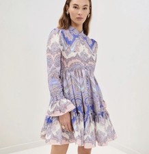 Zimmermann Maxine Dress Size 3 / AU 14 / US 10 Linen Long Bell Sleeve Purple NWT