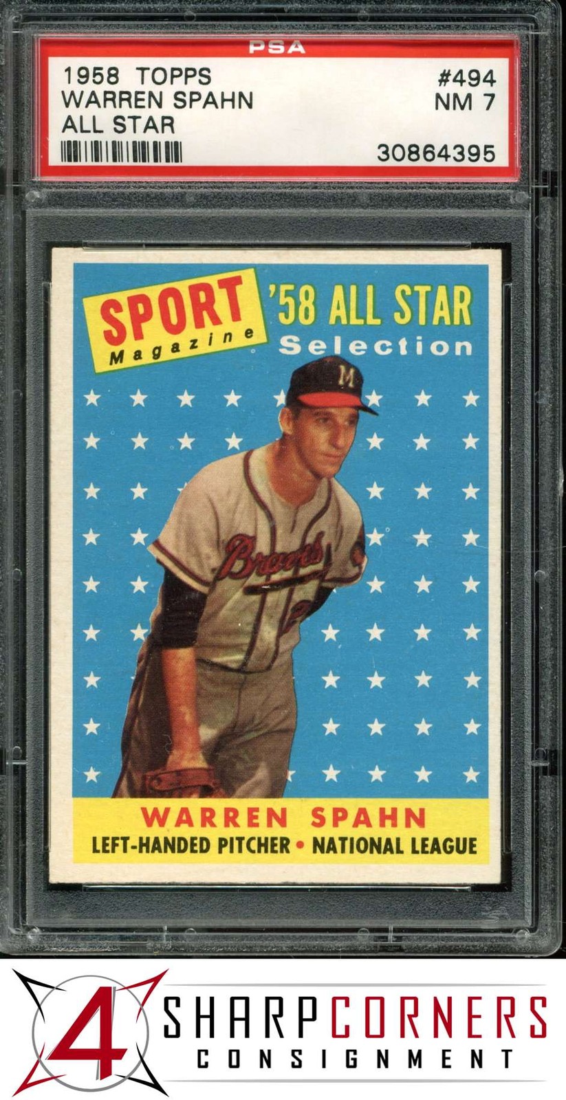 1958 TOPPS ALL STAR #494 WARREN SPAHN BRAVES HOF PSA 7