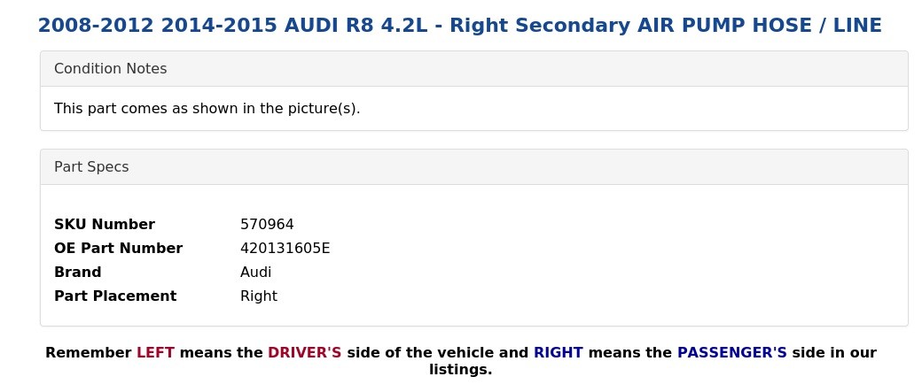 Audi R8 2008-2012 Right Secondary air hose